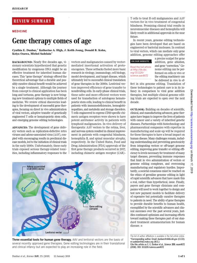 Gene Therapy Comes of Age: Review Summary | PDF | Viral Vector | Gene ...