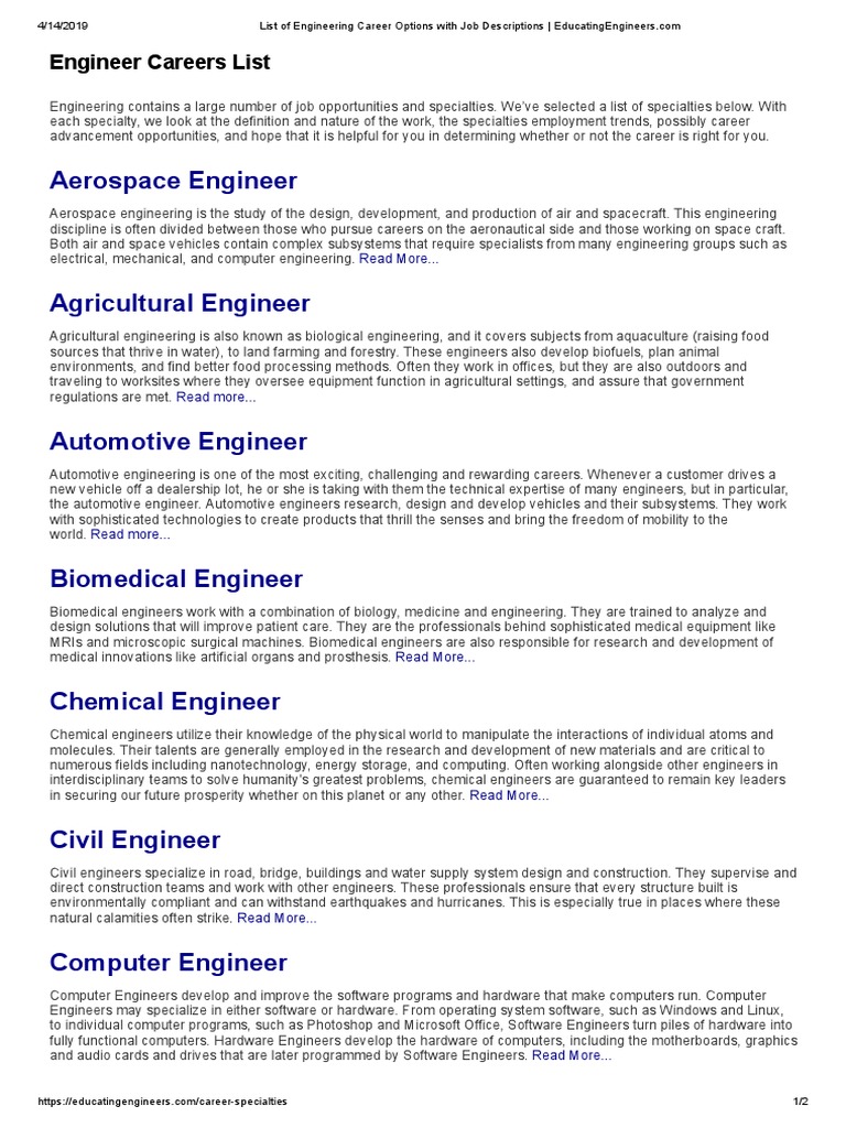 List of Engineering Career Options With Job Descriptions PDF