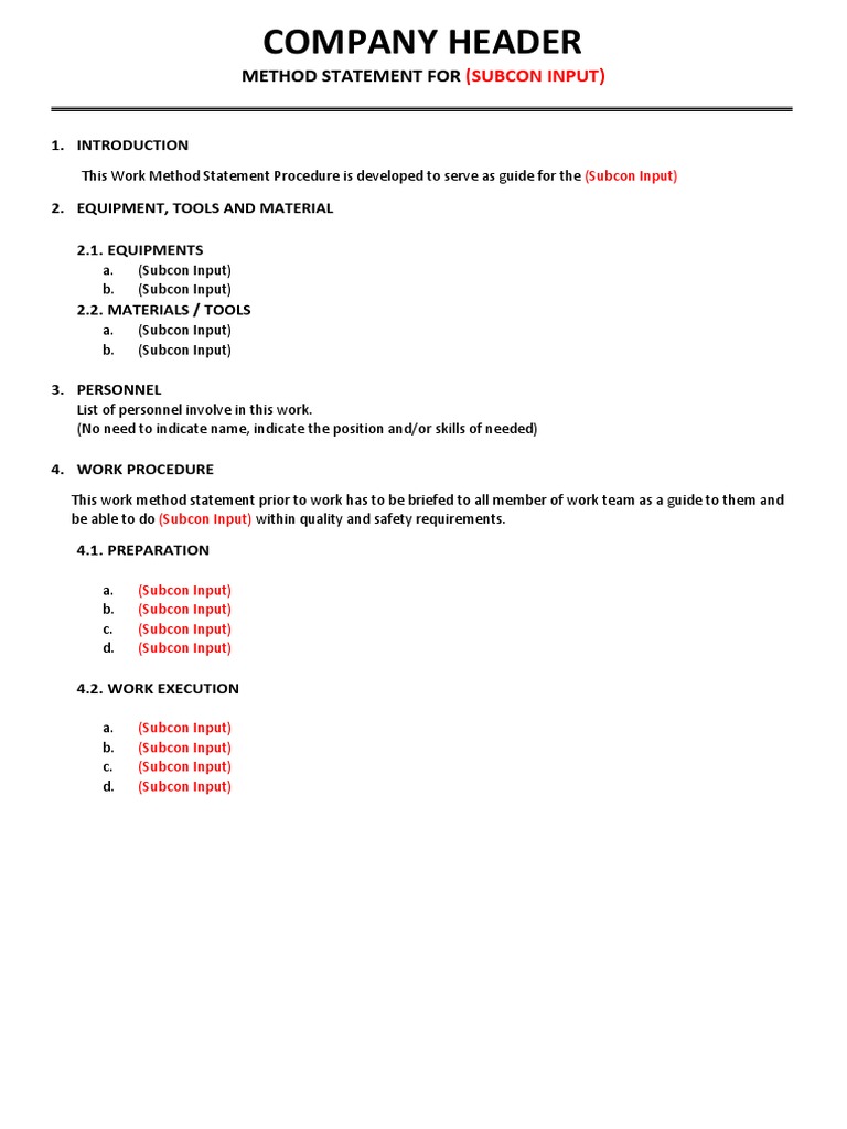 Work Method Statement for Subcontractors | PDF