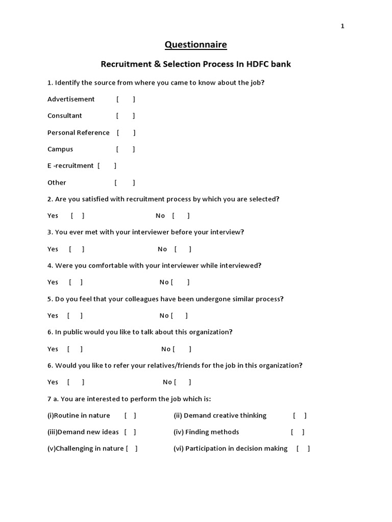 Recruitment &amp; Selection Process in HDFC Bank: Questionnaire | PDF 