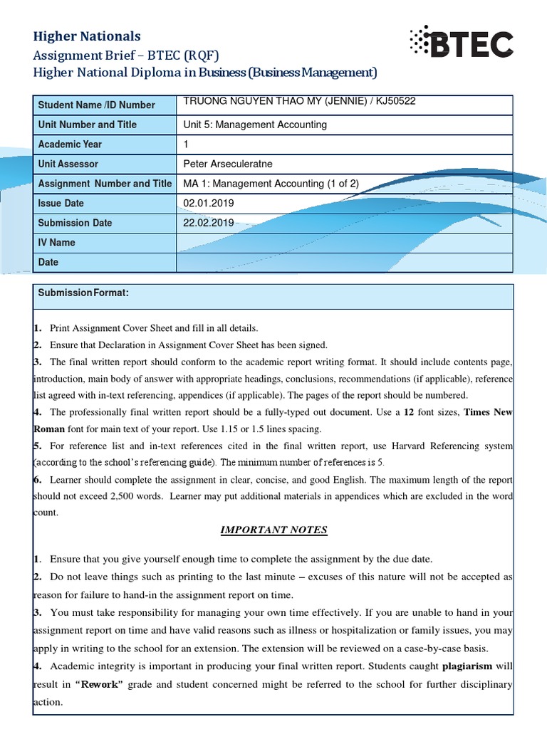 Unit 5 management accounting level 4 assignment image