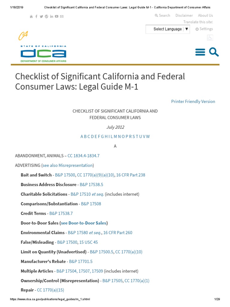 Checklist of Significant California and Federal Consumer Laws Legal