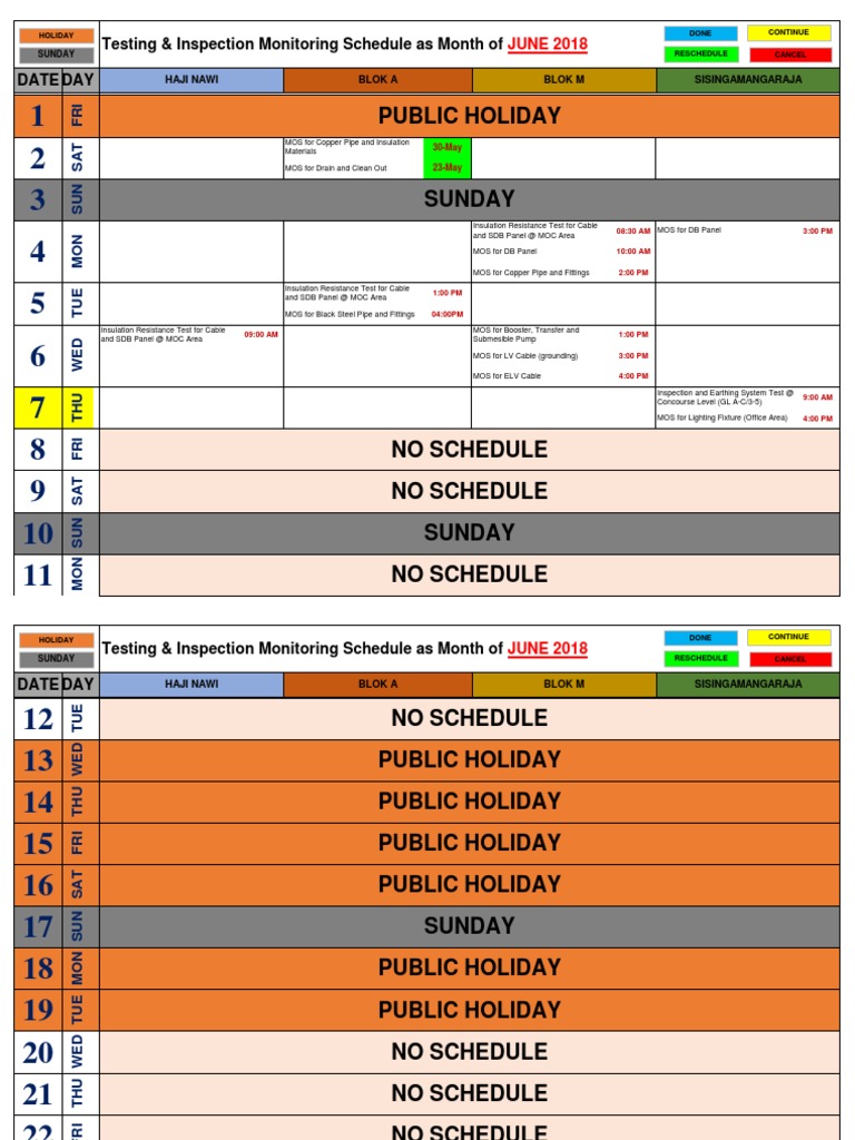 June 2018 Testing & Inspection Schedule | PDF | Building Technology ...