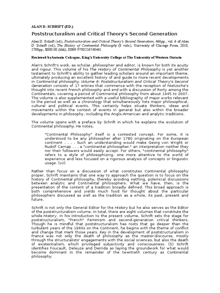 Poststructuralism and Critical Theory's Second Generation Alan D