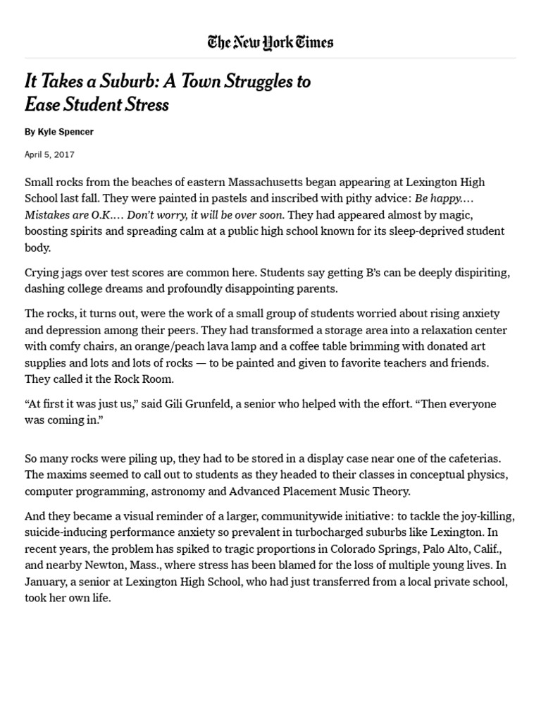 It Takes A Suburb - A Town Struggles To Ease Student Stress - The New ...