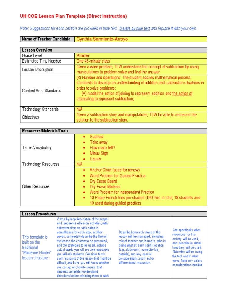 Kindergarten Subtraction Lesson Plan | PDF | Behavior Modification ...
