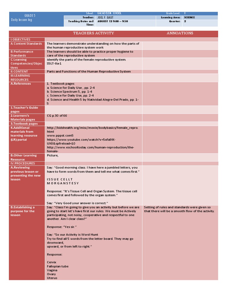 Grade 5 Female Reproductive System Plan | PDF | Uterus | Reproductive ...