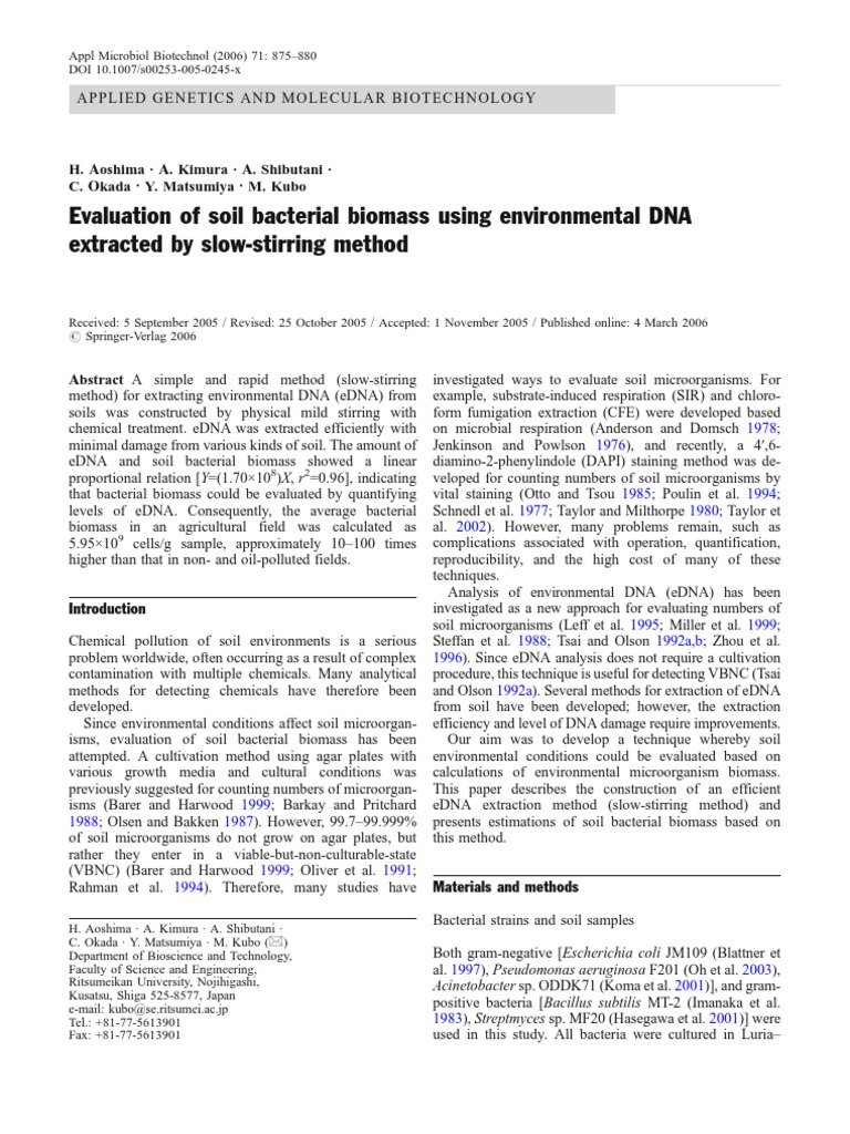 Aoshima Et Al 2006 Evaluation of Soil Bacterial Biomass Using ...