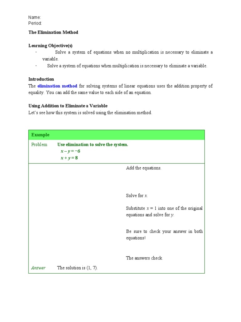 Elimination Method for Solving Equations | PDF | Multiplication | Equations