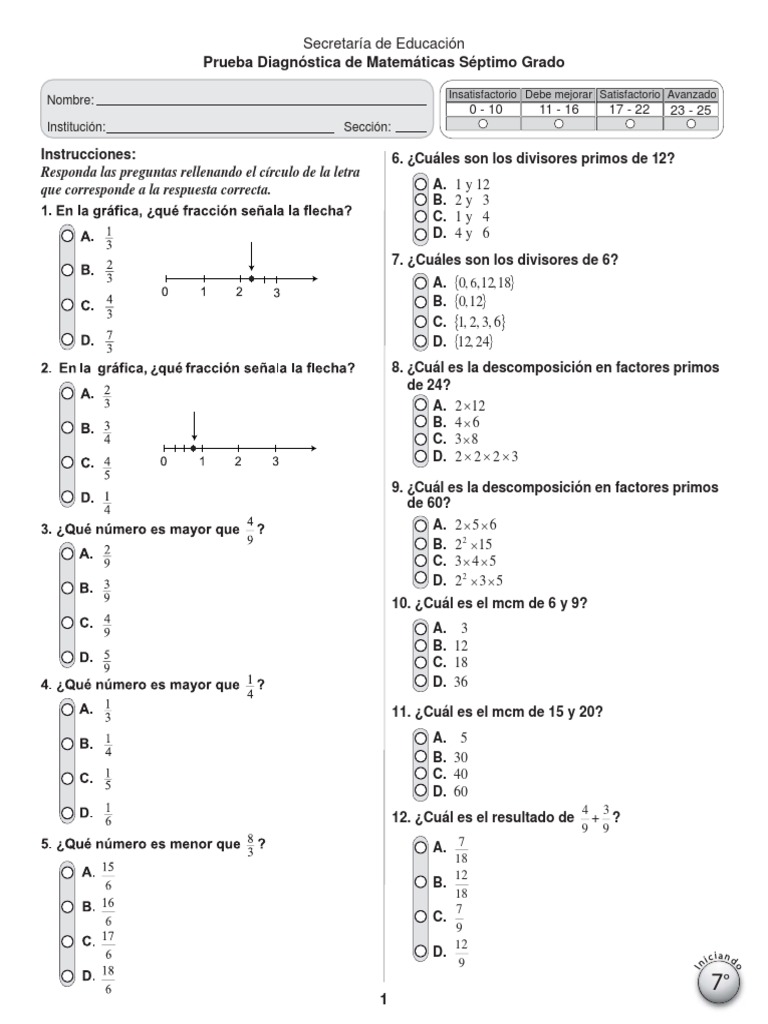 Prueba Diagnóstica de Matemáticas Séptimo Grado | Teoría de los números ...