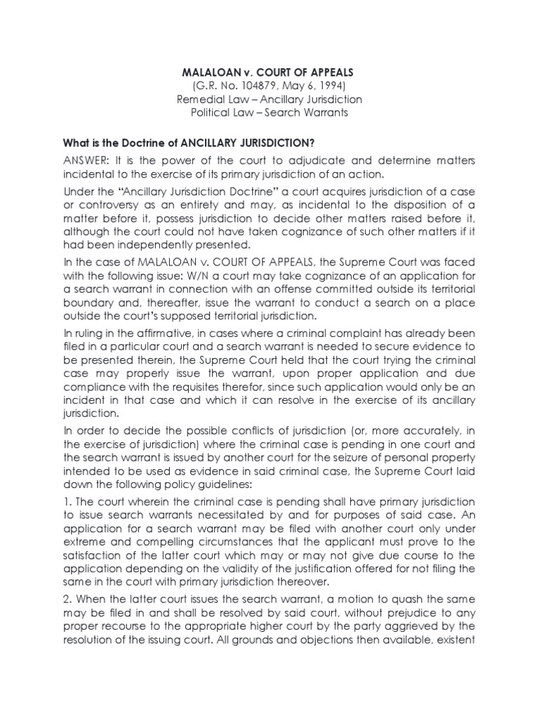 Doctrine of Ancillary Jurisdiction PDF Jurisdiction Search And