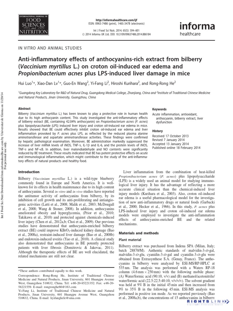 AntiInflammatory Effects of AnthocyaninsRich Extract From Bilberry