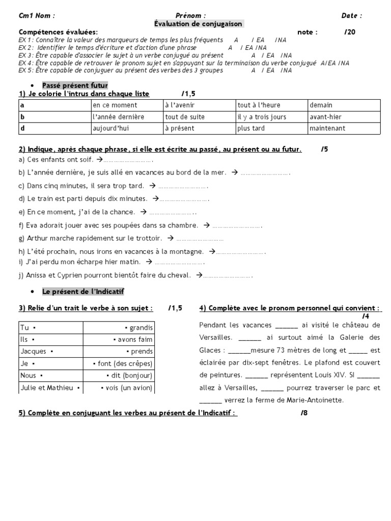évaluation Présent De L indicatif Cm2 Evaluation Présent CM1 | PDF | Château de Versailles | Verbe