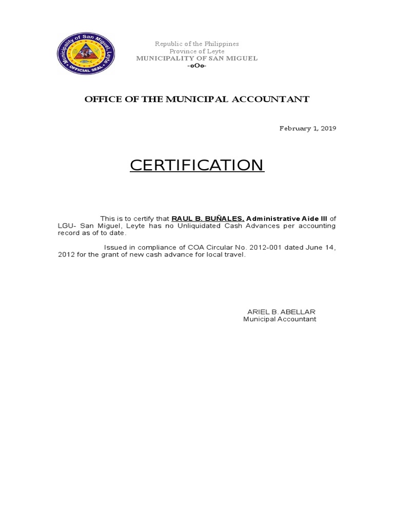 Cash Advance Certification PDF