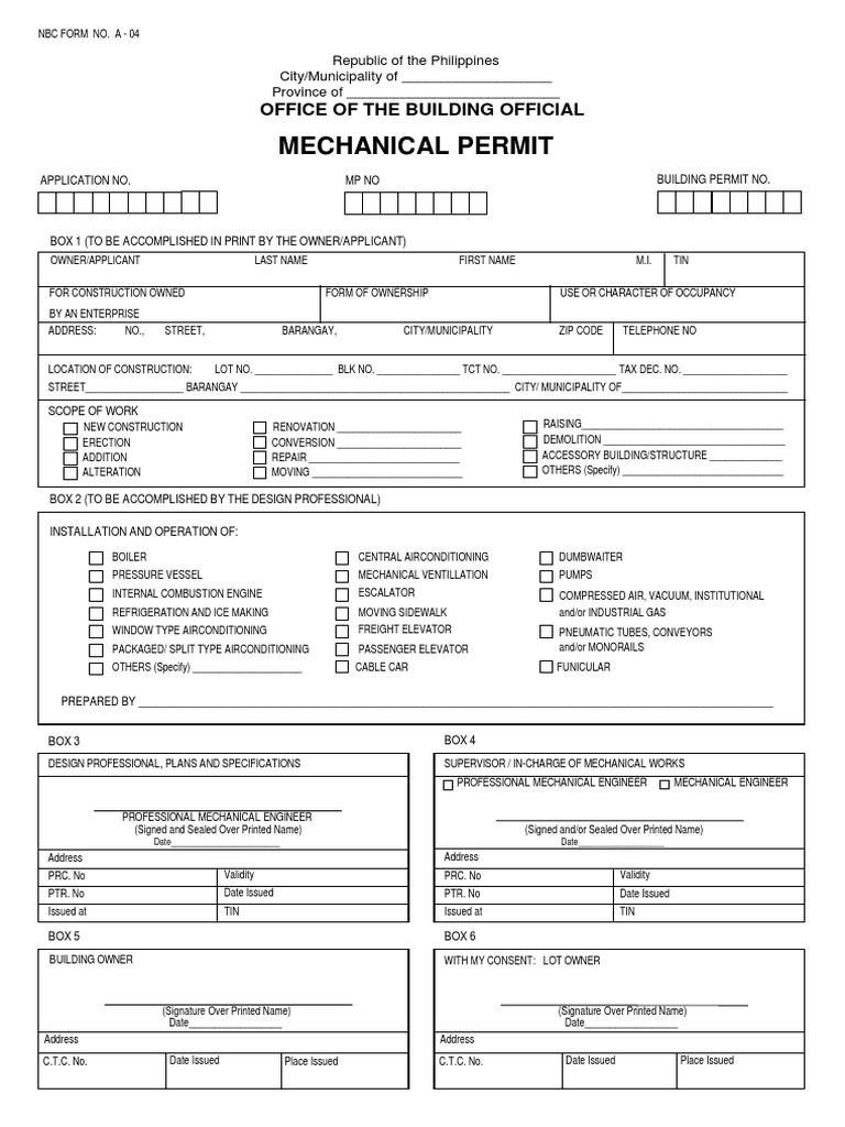Application Form Mechanical Permit PDF Elevator Air Conditioning