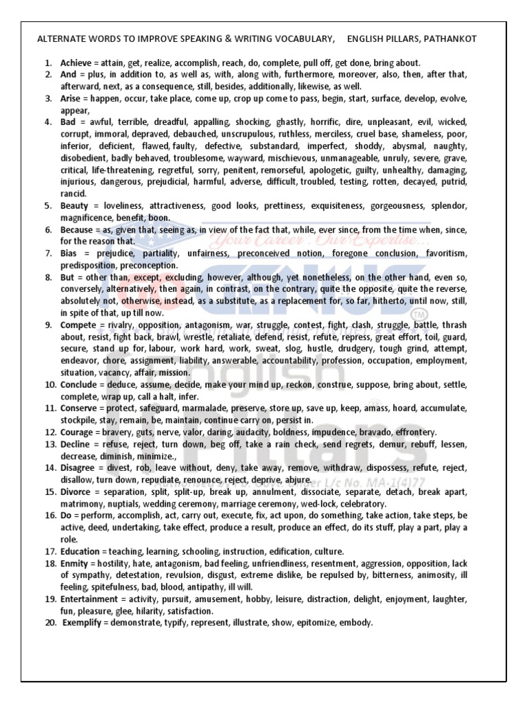 9 Bands Synonyms For Ielts Speaking and Writing Modules PDF