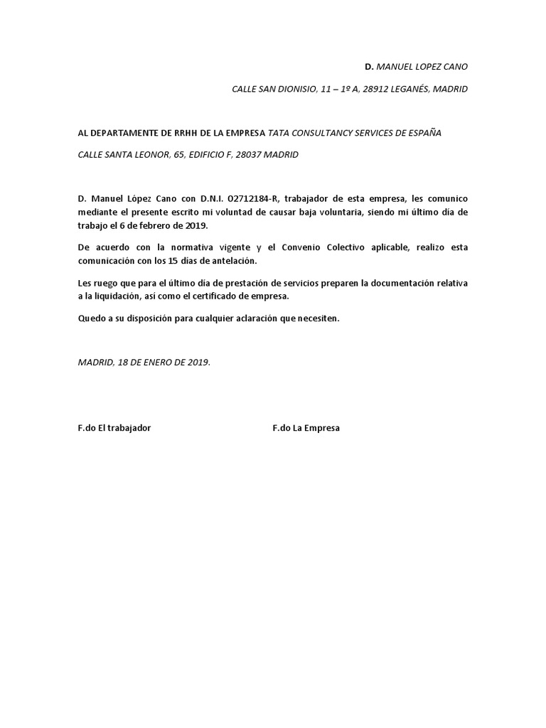 Modelo Carta De Renuncia Voluntaria España