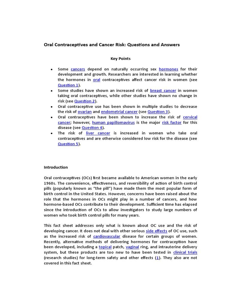 Oral Contraceptives and Cancer Risk Questions and Answers Key Points