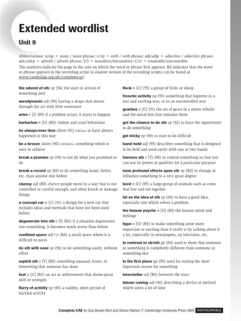 Extended Wordlist: Unit 9 | PDF | Phrase | Verb