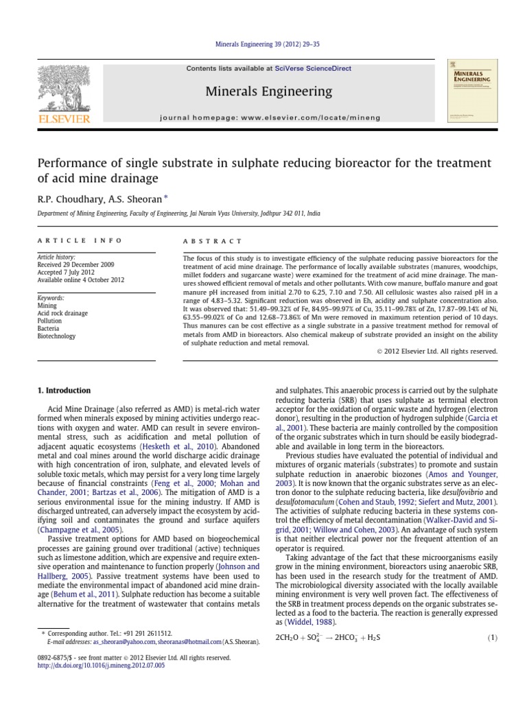 Performance of Single Substrate in Sulphate Reducing Bioreactor For The ...
