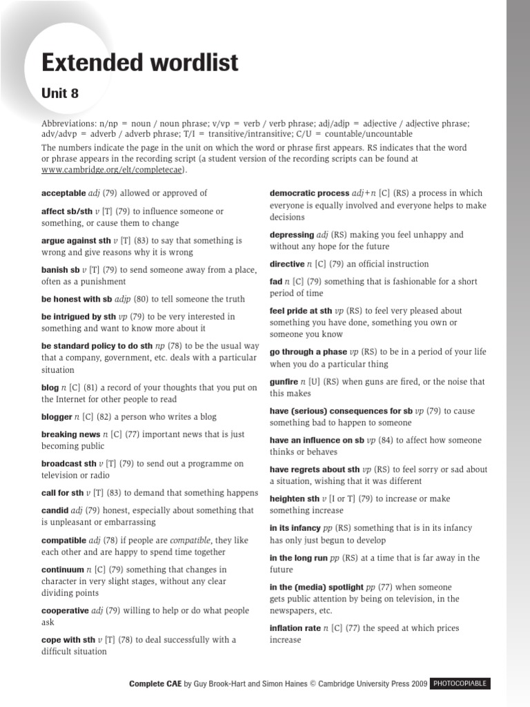 Extended Wordlist: Unit 8 | PDF | Verb | Adjective