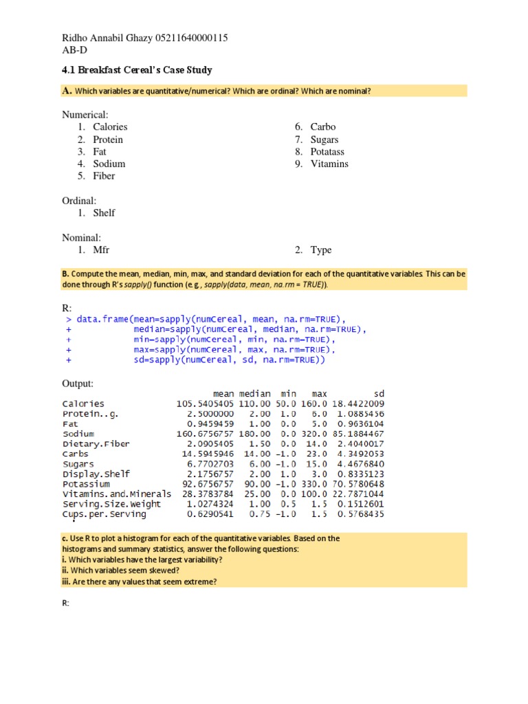 Breakfast Cereal Data Analysis | PDF | Skewness | Correlation And ...