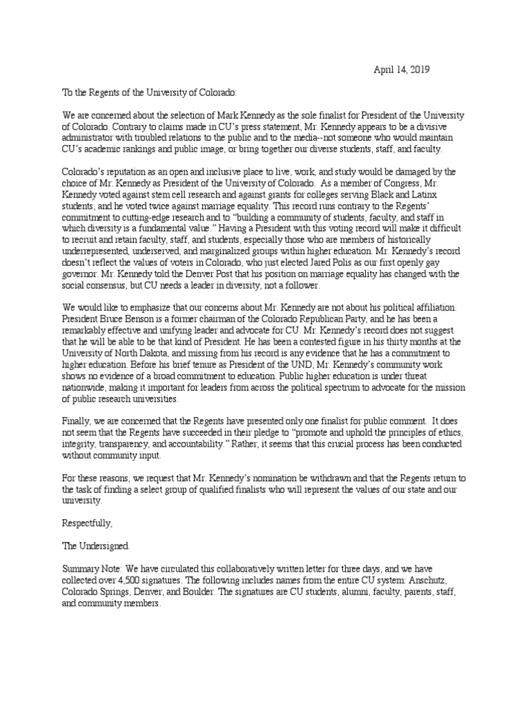 April 14 Letter To University of Colorado Regents Re: Mark Kennedy | PDF |  Academia | Science