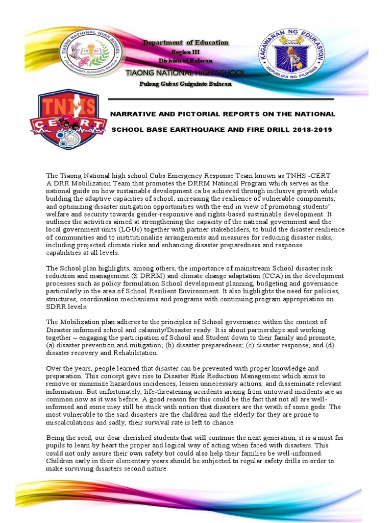 Department Of Education Narrative And Pictorial Reports On The National School Base Earthquake And Fire Drill 2018 2019 Emergency Management Climate Resilience