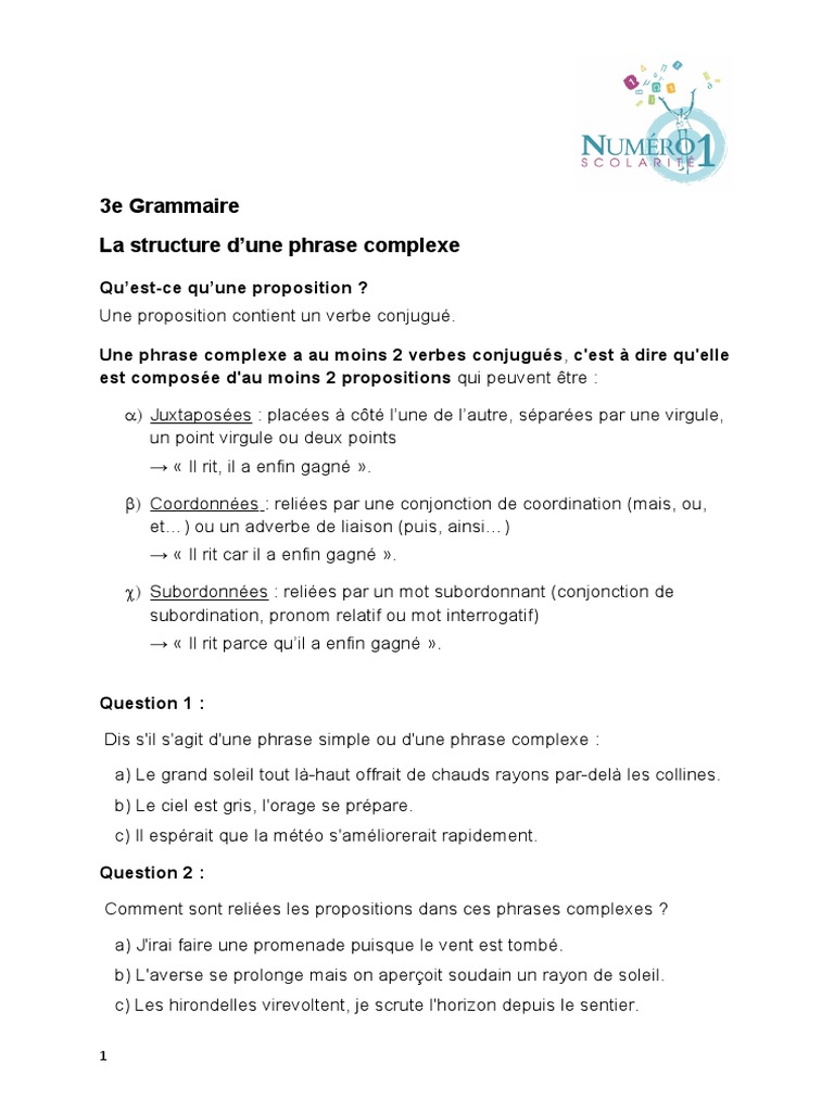 3e Grammaire La Structure Dune Phrase Complexe | PDF