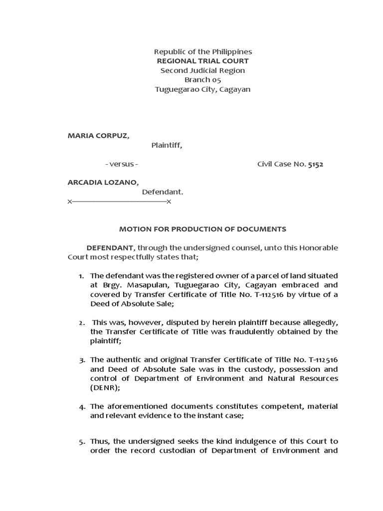Motion for Document Production in Court | PDF | Title (Property) | Lawsuit