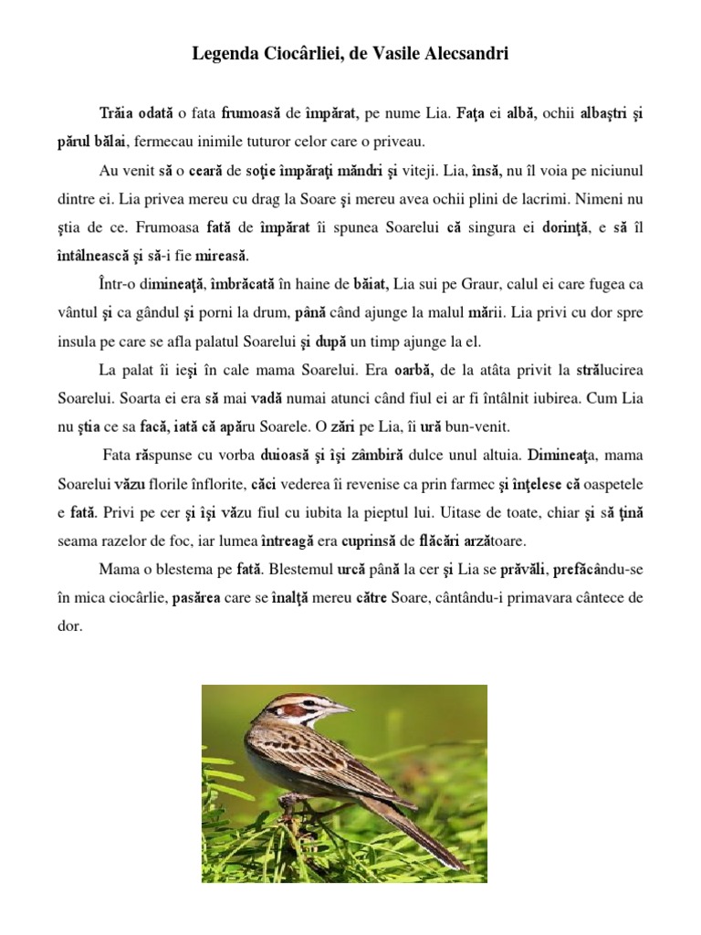 Legenda Ciocarliei De Vasile Alecsandri