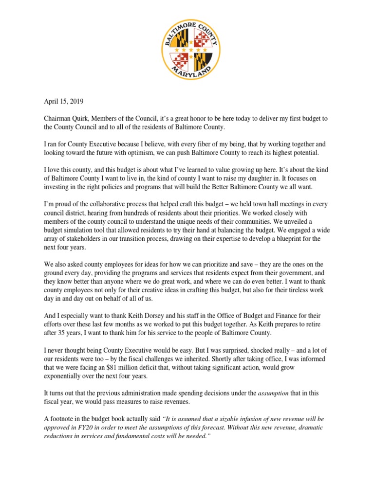 Fy 20 Budget Baltimore County Budget Message PDF Paygo Taxes