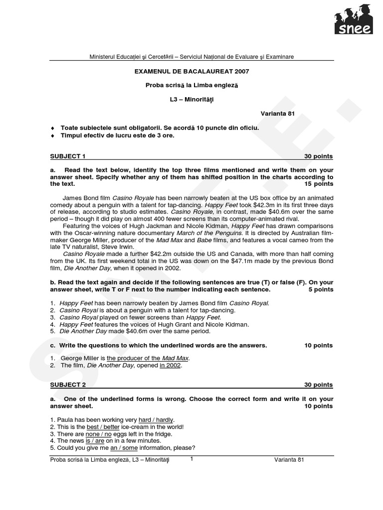 Ministerul Educa Iei I Cercet Rii - Serviciul Na Ional de Evaluare I ...