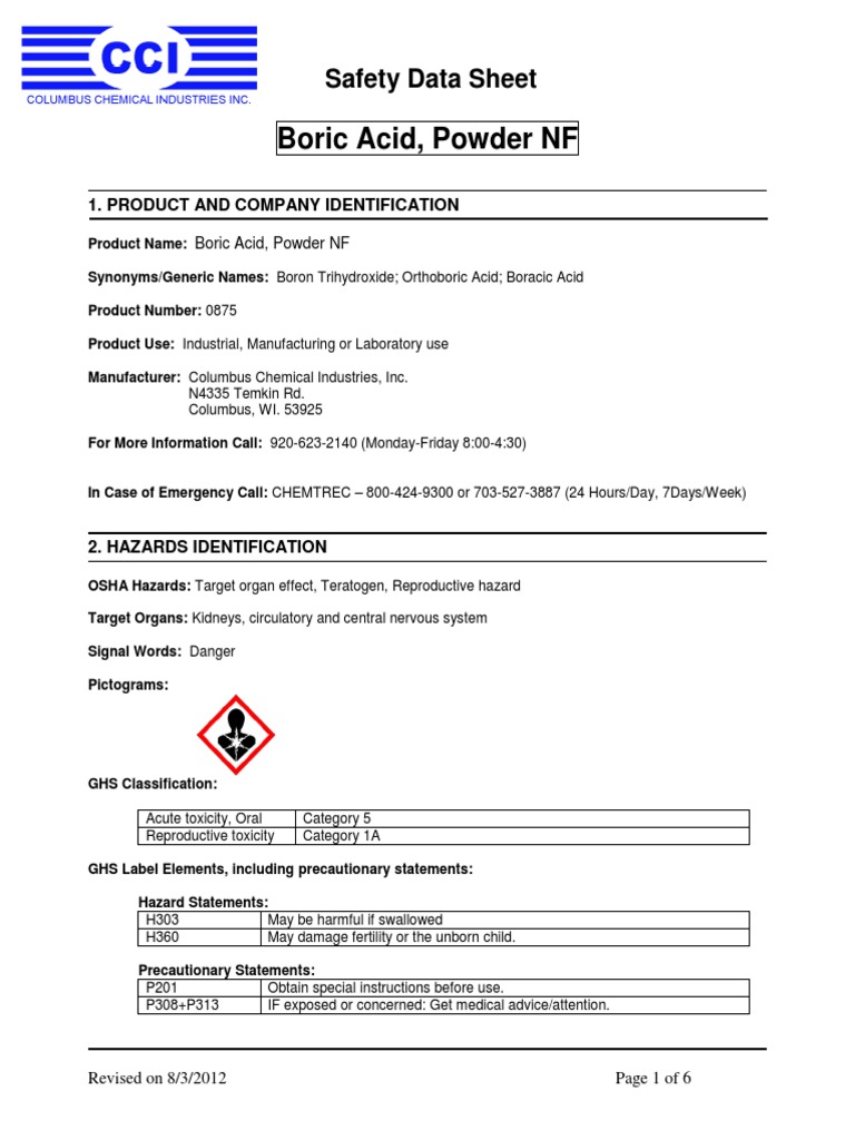 Boric Acid, Powder NF Safety Data Sheet PDF Personal Protective