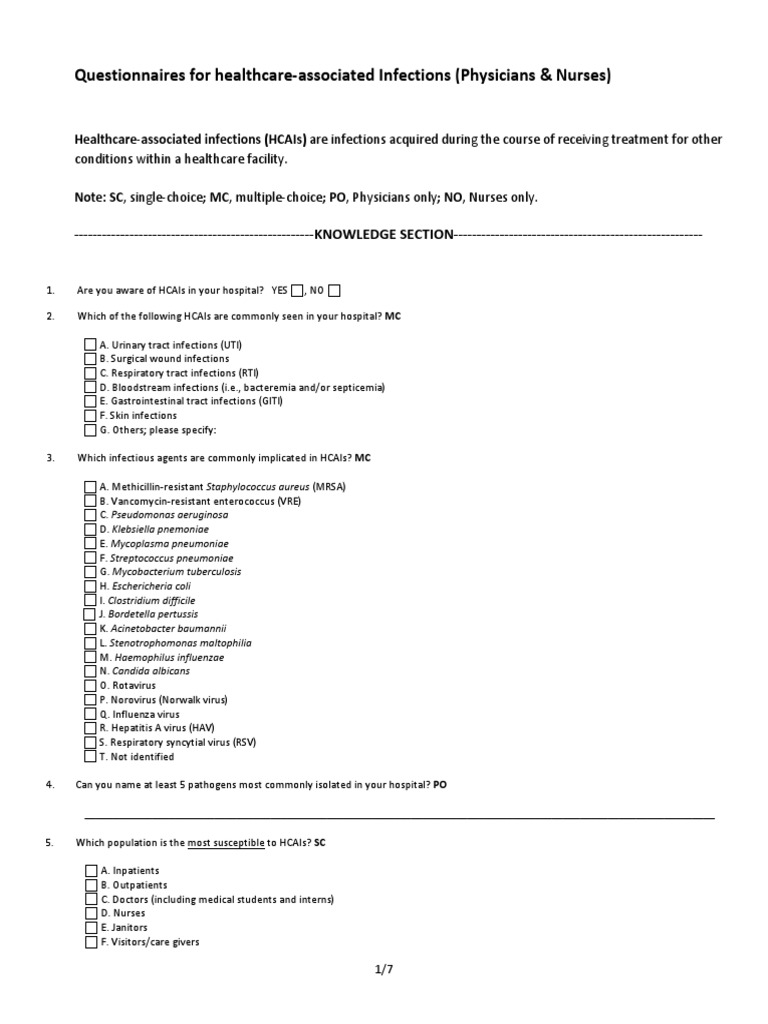 Nosocomial Infection Control Questionnaire | PDF | Hospital Acquired ...