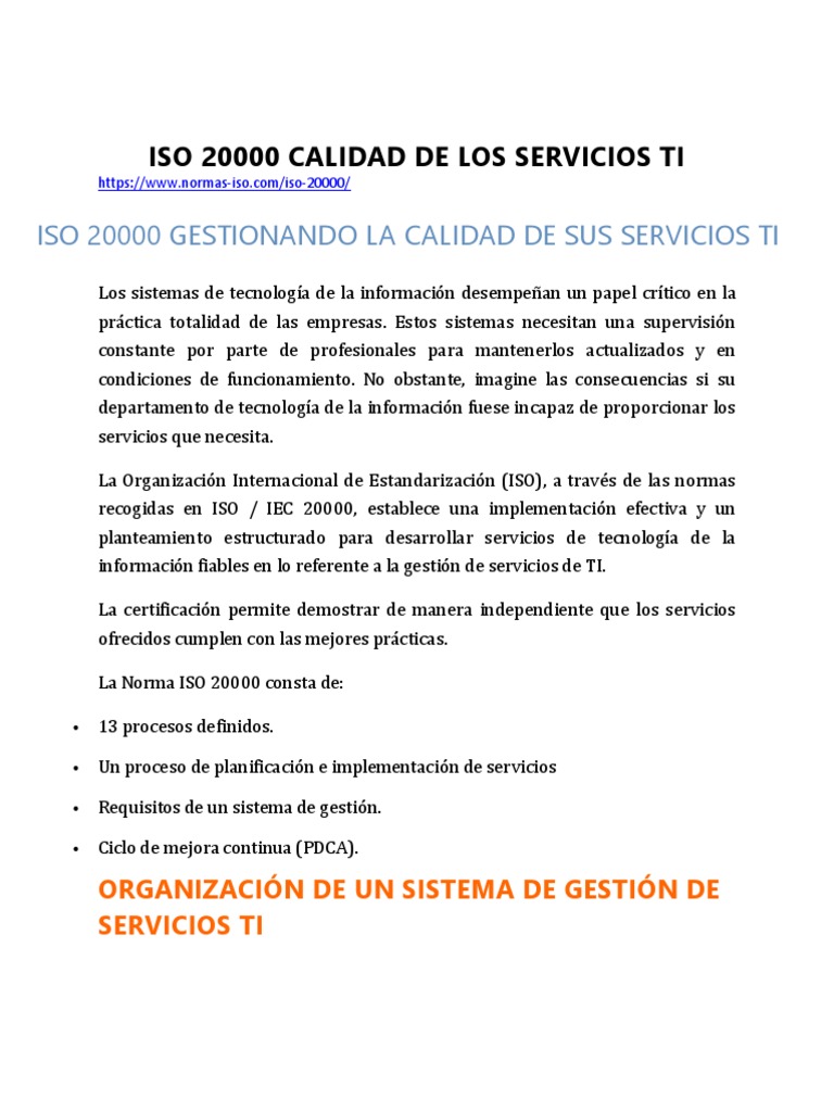 Iso 20000 Calidad de Los Servicios Ti | PDF | It Service Management ...