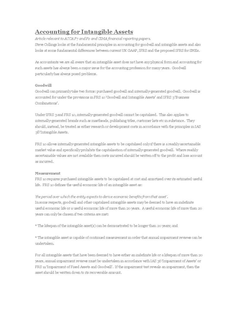 Accounting for Intangible Assets Goodwill (Accounting) Intangible Asset
