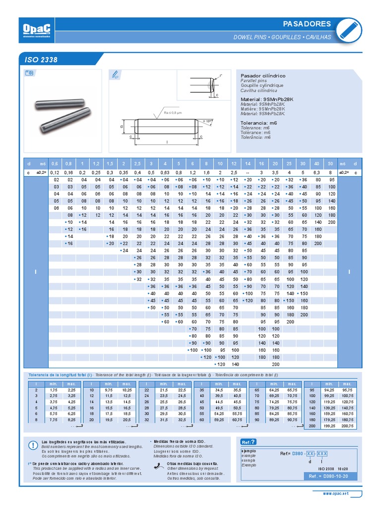 Pasadores cilíndricos ISO 2338 acero inoxidable a1 inoxidable tolerancia campo m6 0,8-16 mm 