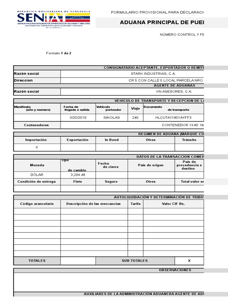 DECLARACION DE ADUANAS PROVISIONAL IMPORTACION.xlsx | aduana | Economias