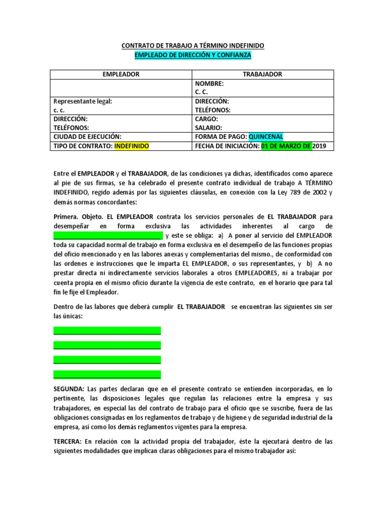 Contrato de Trabajo A Término Indefinido - Modelo | PDF | Derecho laboral |  Salario