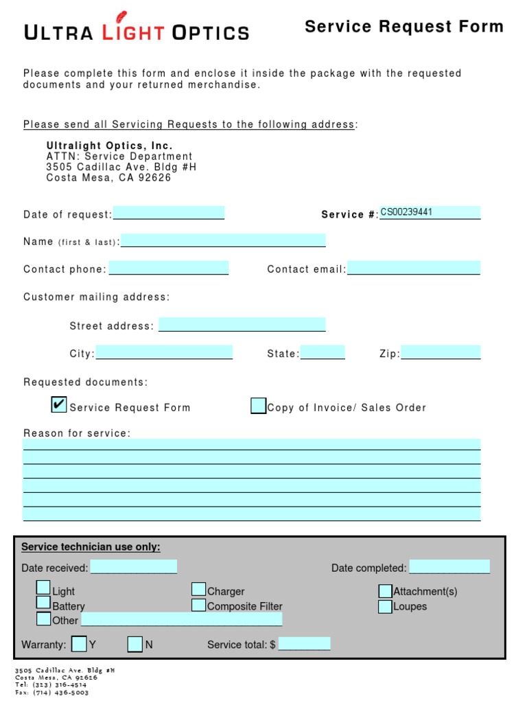 Service Request Form Ultralight Optics, Inc PDF