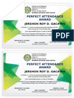 Perfect attendance award for Jershong Roy D. Gacayan