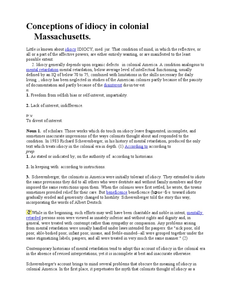 Conceptions of Idiocy in Colonial Massachusetts | PDF | Puritans ...