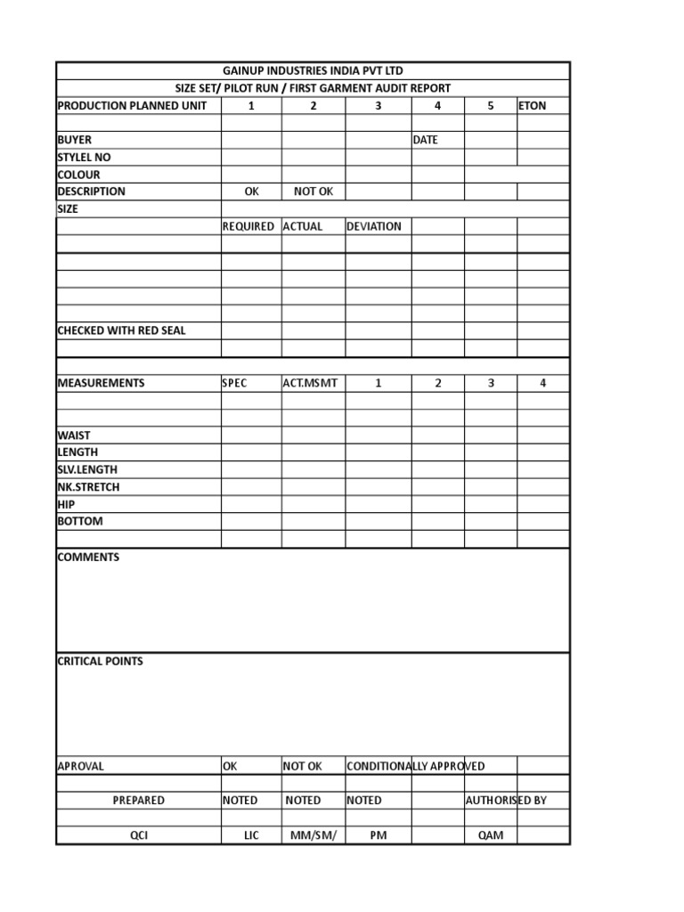 Size Set Audit Report for Garments | PDF