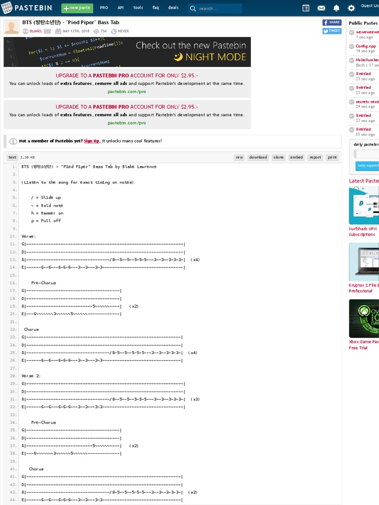 Bts 방탄소년단 Pied Piper Bass Tab Pdf Pdf Http Cookie Song Structure