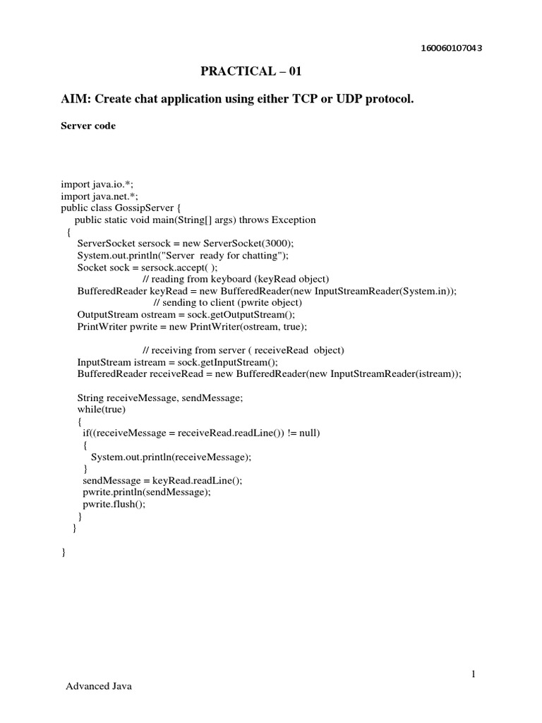 Practical - 01 AIM: Create Chat Application Using Either TCP or UDP ...