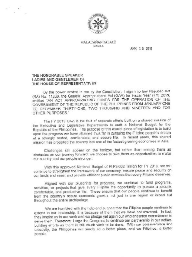 President Duterte's Veto Message on 2019 National Budget