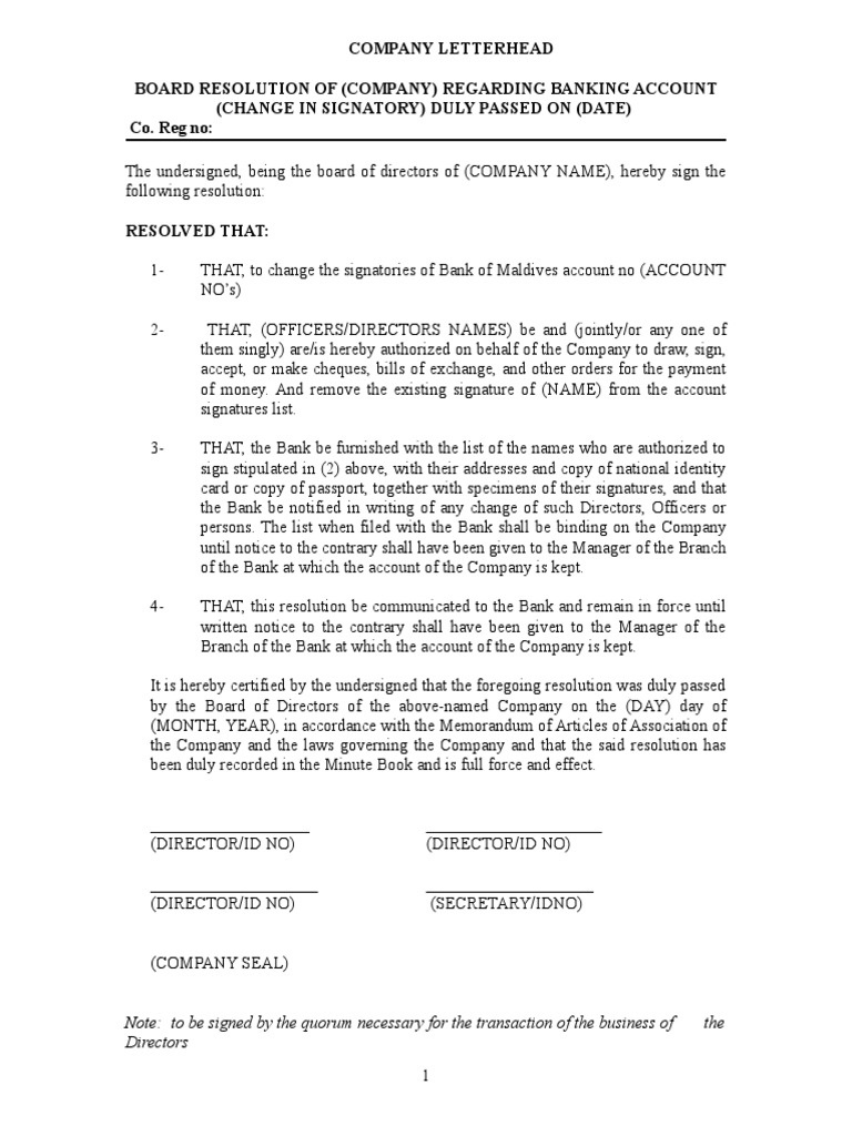 Board Resolution for Bank Signatory Change | PDF | Board Of Directors ...