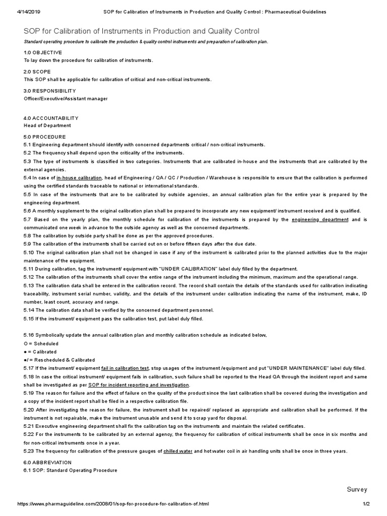 SOP For Calibration of Instruments in Production and Quality Control ...