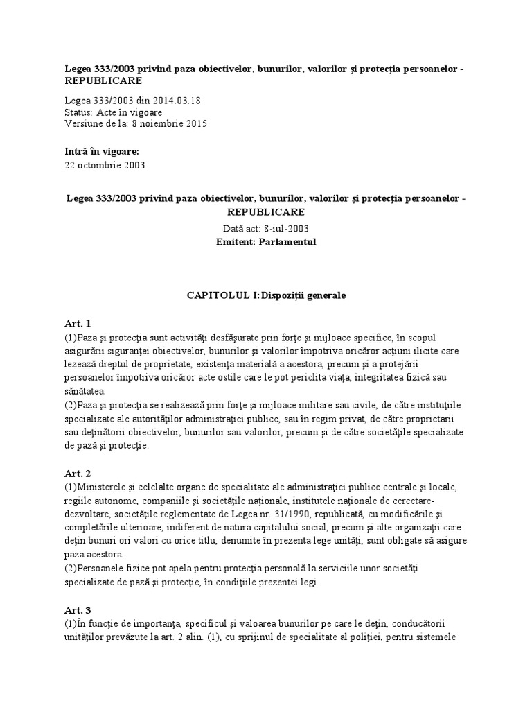 Legea 333 2003 Privind Paza Obiectivelor